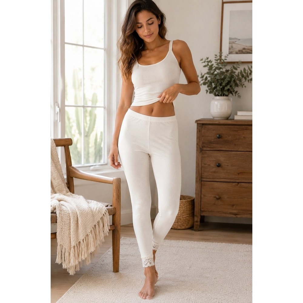 Cuddl Duds Ivory Lace Hem Leggings Women M Soft Stretch Layering Thermal Pants